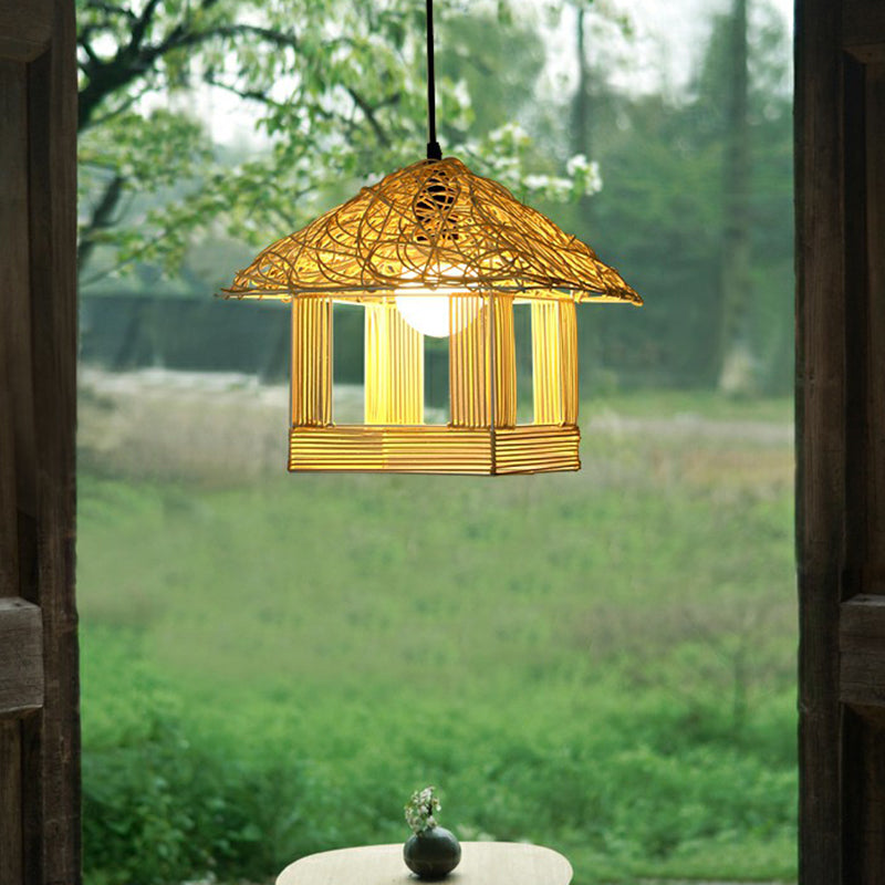 House Shaped Drop Pendant Asian Bamboo 1-Light Restaurant Hanging Light in Beige