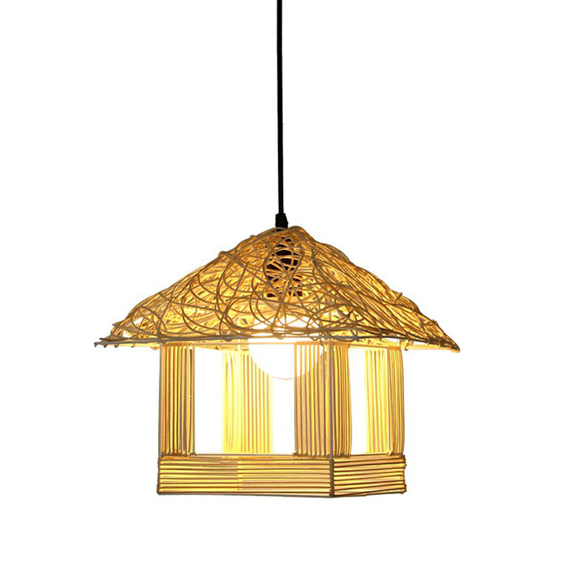House Shaped Drop Pendant Asian Bamboo 1-Light Restaurant Hanging Light in Beige