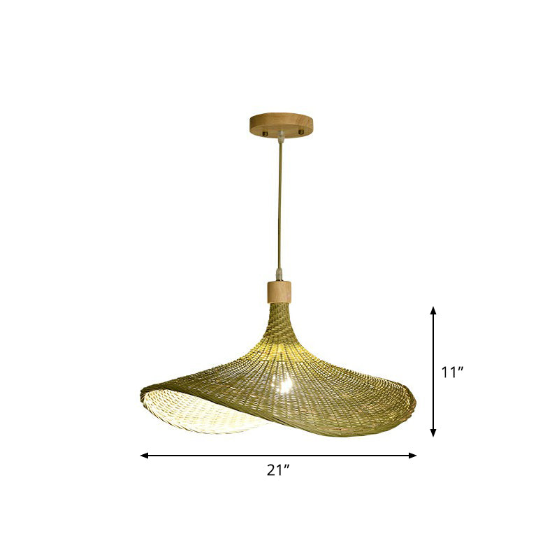 Green-Yellow Straw Hat Shaped Pendant South-East Asia Single Natural Bamboo Fiber Suspension Light