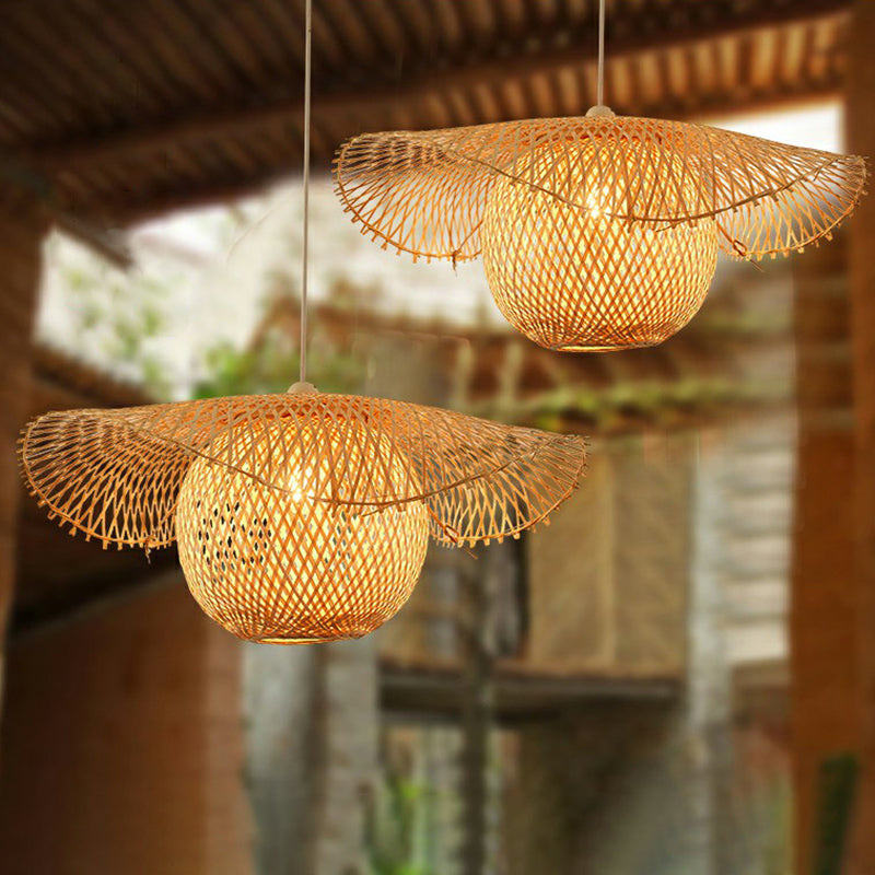 Beige Lotus Leaf Suspension Light Fixture Asian 1 Head Bamboo Hanging Pendant Light