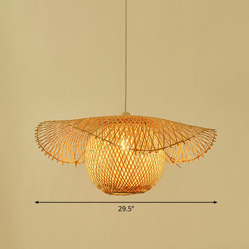 Beige Lotus Leaf Suspension Light Fixture Asian 1 Head Bamboo Hanging Pendant Light