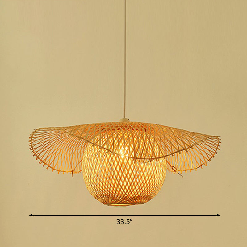 Beige Lotus Leaf Suspension Light Fixture Asian 1 Head Bamboo Hanging Pendant Light