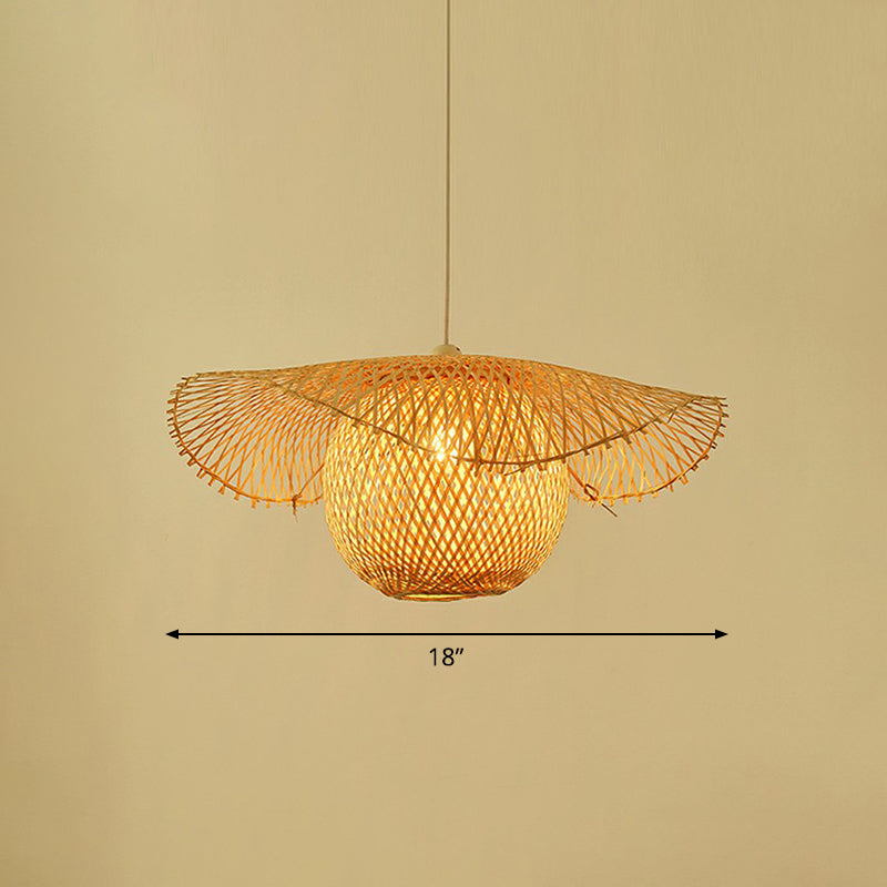 Beige Lotus Leaf Suspension Light Fixture Asian 1 Head Bamboo Hanging Pendant Light