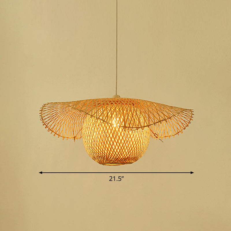 Beige Lotus Leaf Suspension Light Fixture Asian 1 Head Bamboo Hanging Pendant Light