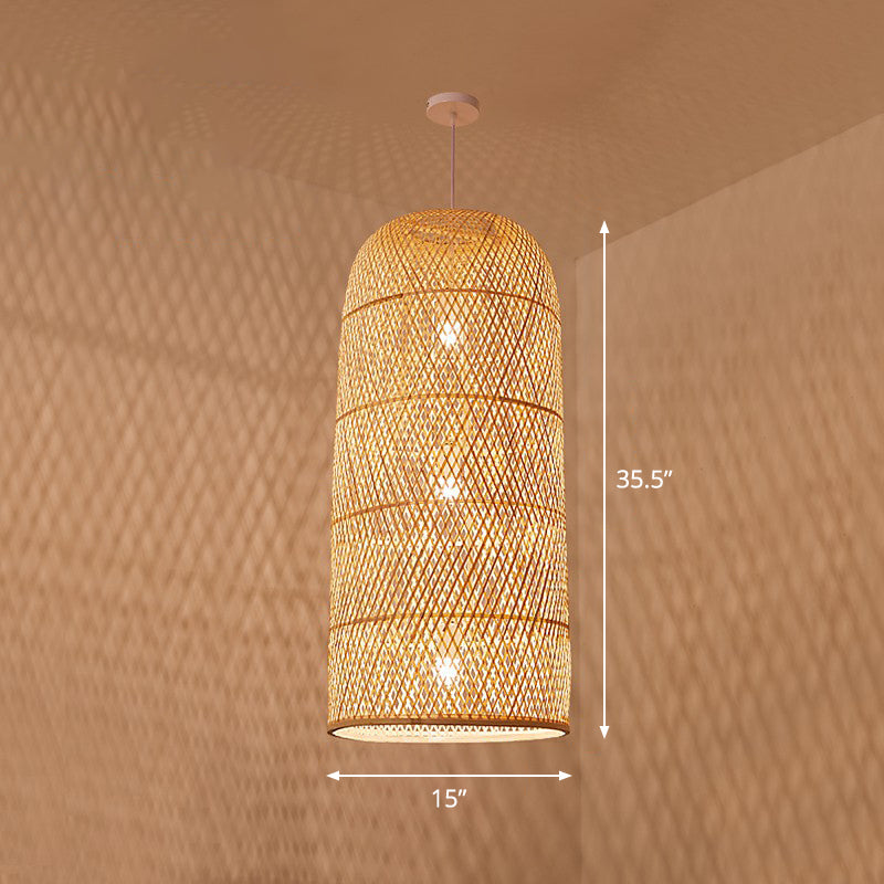 Hand Woven Bamboo Pendant Light Kit Asian 1 Head Beige Suspended Lighting Fixture