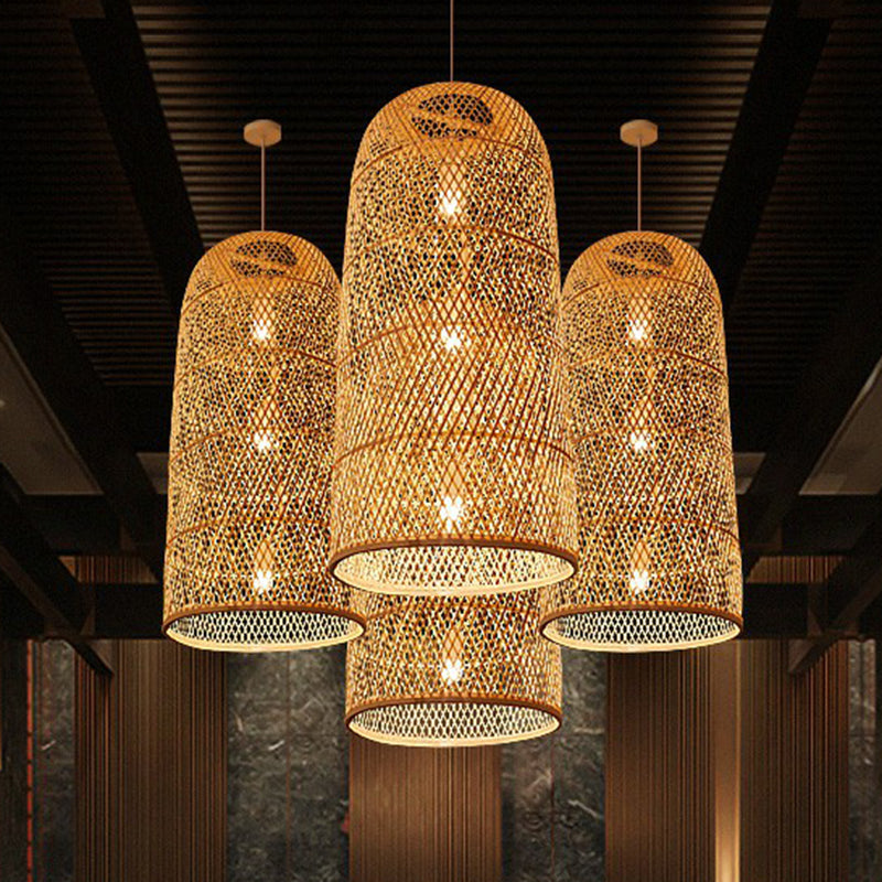 Hand Woven Bamboo Pendant Light Kit Asian 1 Head Beige Suspended Lighting Fixture