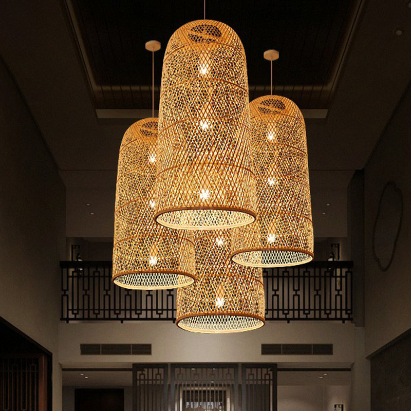 Hand Woven Bamboo Pendant Light Kit Asian 1 Head Beige Suspended Lighting Fixture