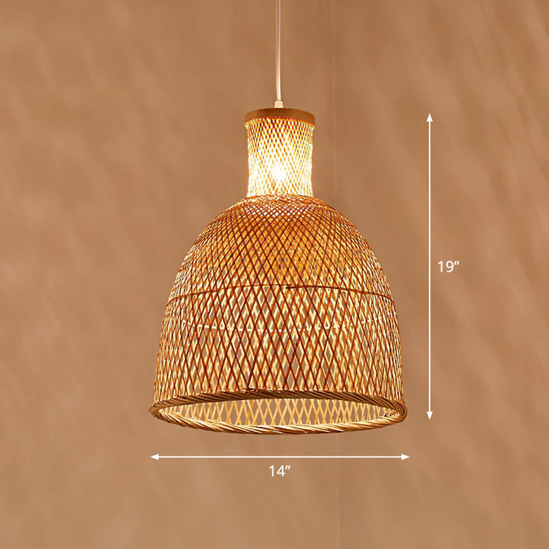 Hand Woven Bamboo Pendant Light Kit Asian 1 Head Beige Suspended Lighting Fixture