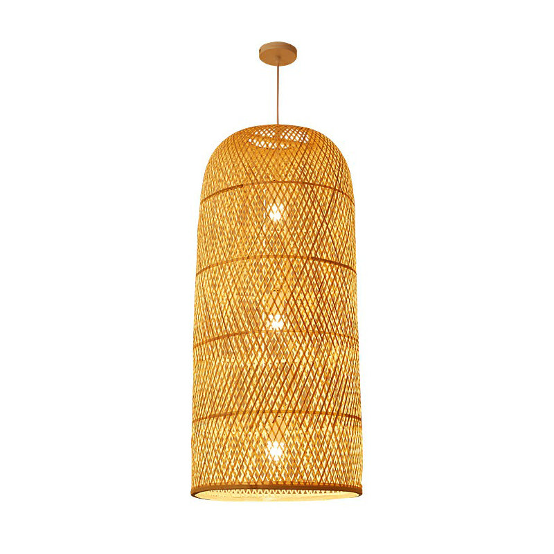 Hand Woven Bamboo Pendant Light Kit Asian 1 Head Beige Suspended Lighting Fixture