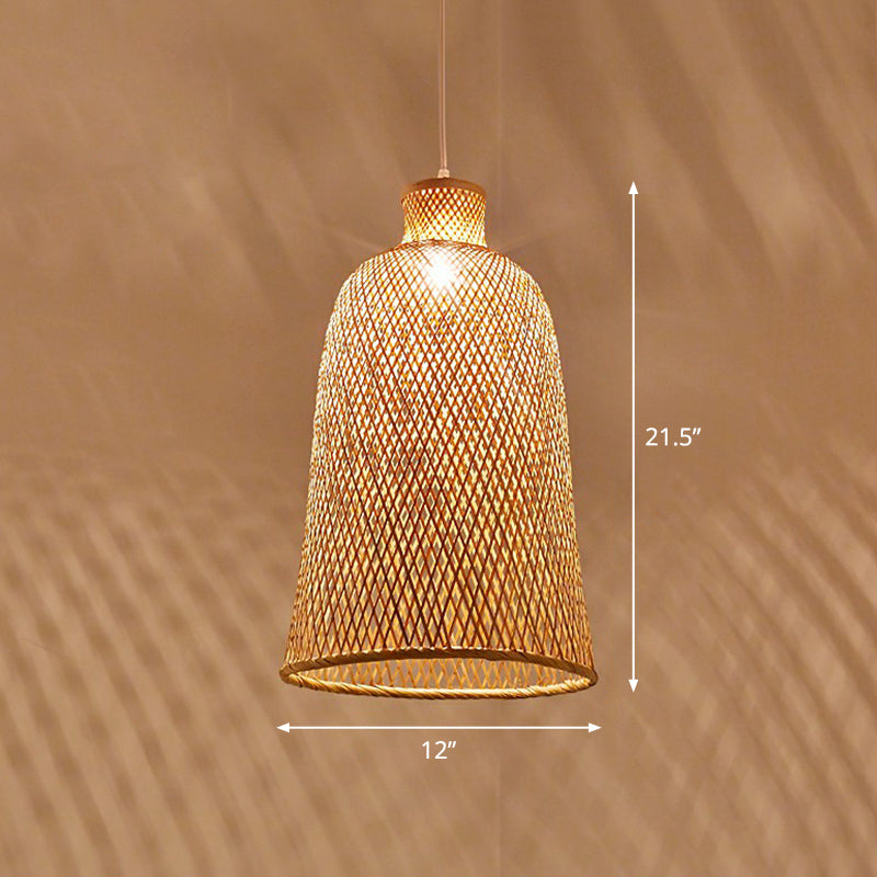 Hand Woven Bamboo Pendant Light Kit Asian 1 Head Beige Suspended Lighting Fixture