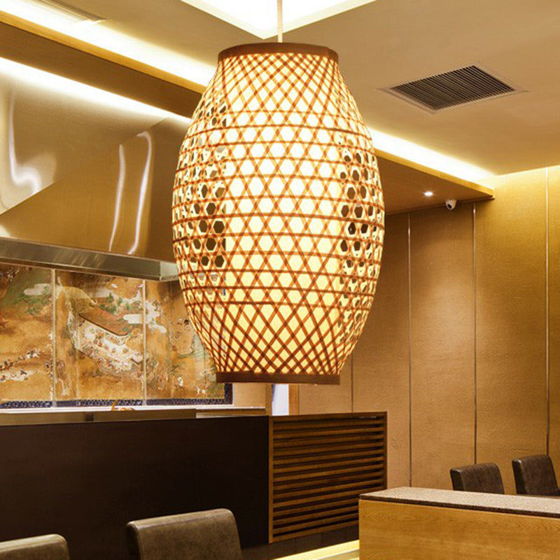 Oval Restaurant Hanging Light Fixture Bamboo Single Asian Suspension Lamp in Beige