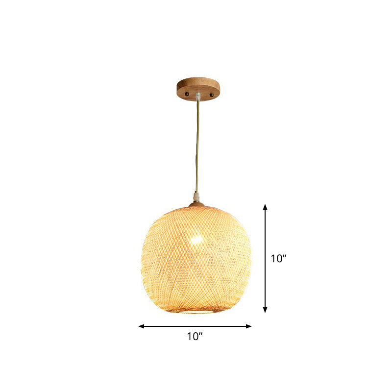Beige Spheroid Pendant Light Fixture Asia 1-Light Bamboo Suspension Lighting for Restaurant