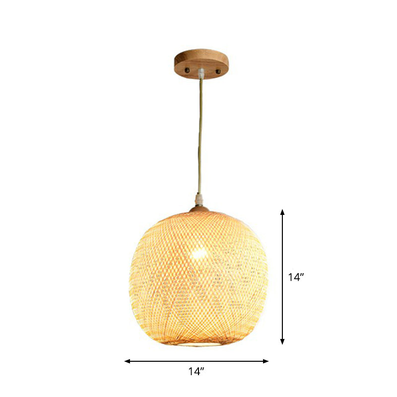 Beige Spheroid Pendant Light Fixture Asia 1-Light Bamboo Suspension Lighting for Restaurant
