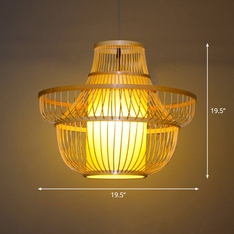 Cage Shade Suspension Lighting Modern Bamboo 1 Bulb Wood Pendant Light for Balcony