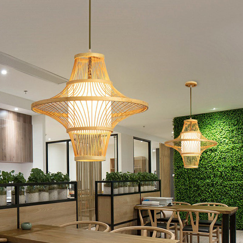 Symmetric Cage Bamboo Pendant Lamp Modern 1-Light Wood Pendulum Light for Restaurant