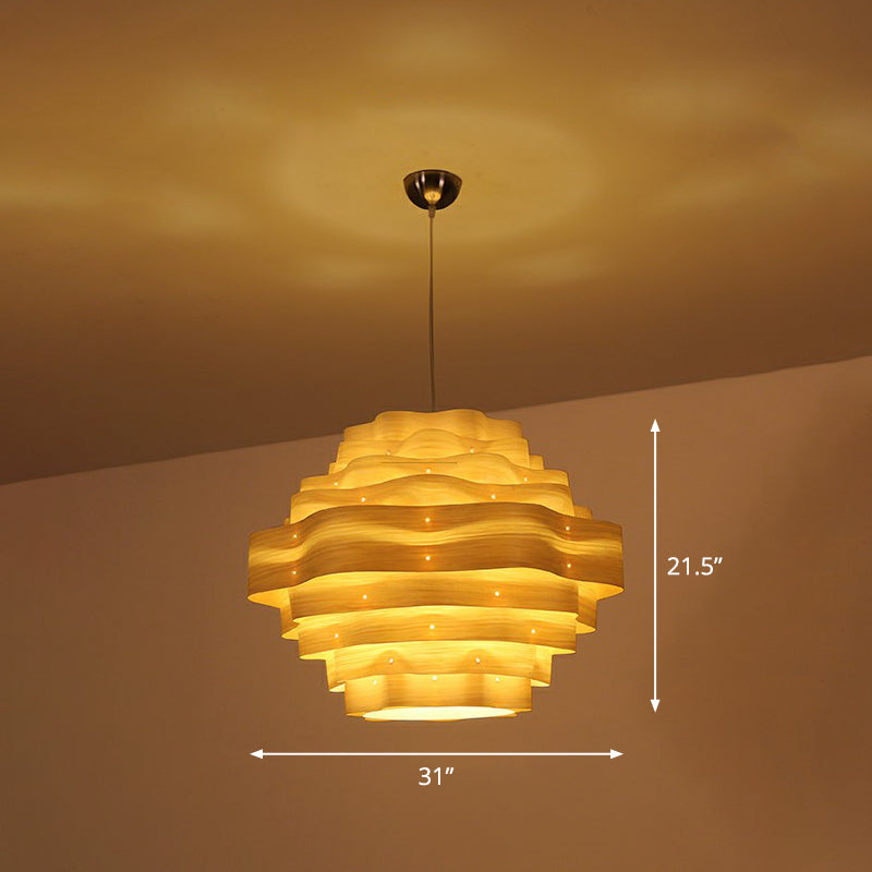Modern Wavy Shade Pendant Lighting Wood Veneer 1 Bulb Restaurant Hanging Lamp Kit