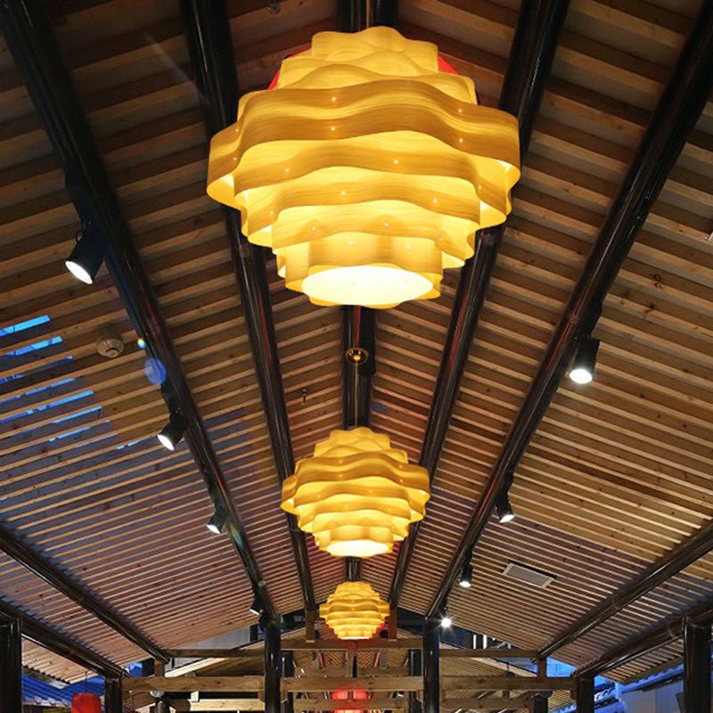 Modern Wavy Shade Pendant Lighting Wood Veneer 1 Bulb Restaurant Hanging Lamp Kit