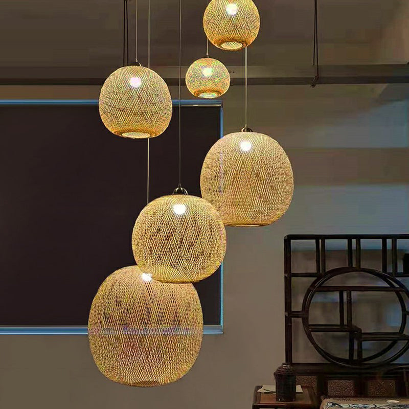 Spherical Restaurant Hanging Light Fixture Bamboo Single Asia Pendant Light in Beige