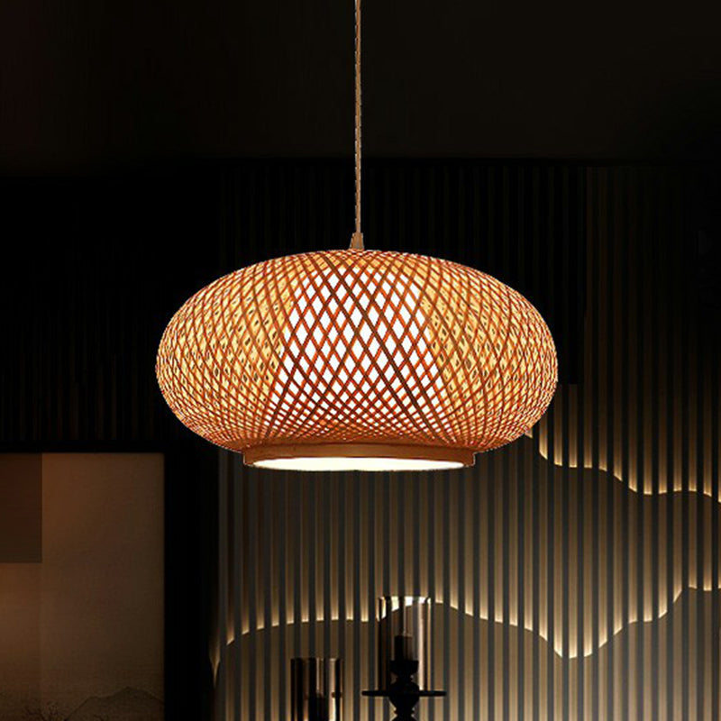 Wood Lantern Pendant Light Fixture Chinese 1 Bulb Bamboo Hanging Lamp for Tea Room