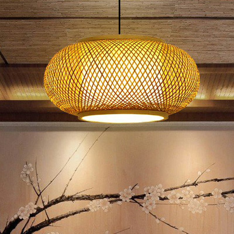 Round Ceiling Hanging Lantern Asian Bamboo 1-Light Beige Suspension Pendant Light