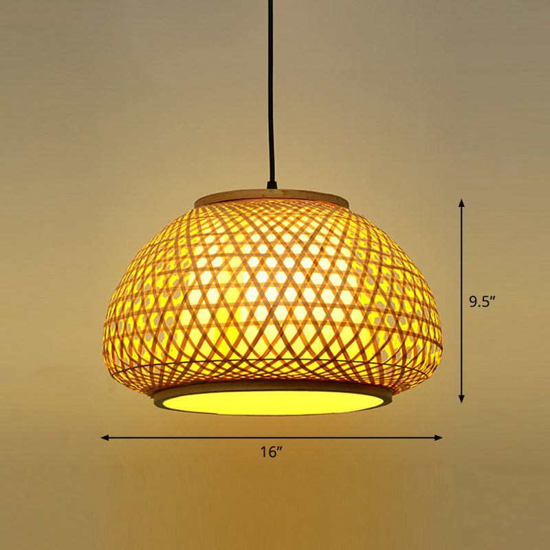 Round Ceiling Hanging Lantern Asian Bamboo 1-Light Beige Suspension Pendant Light