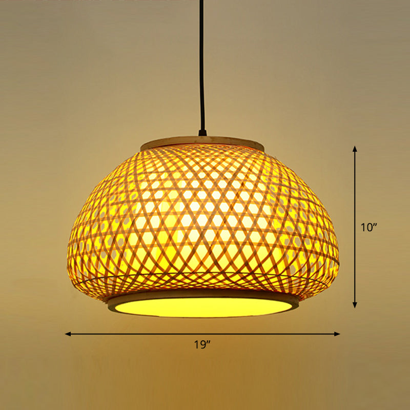 Round Ceiling Hanging Lantern Asian Bamboo 1-Light Beige Suspension Pendant Light