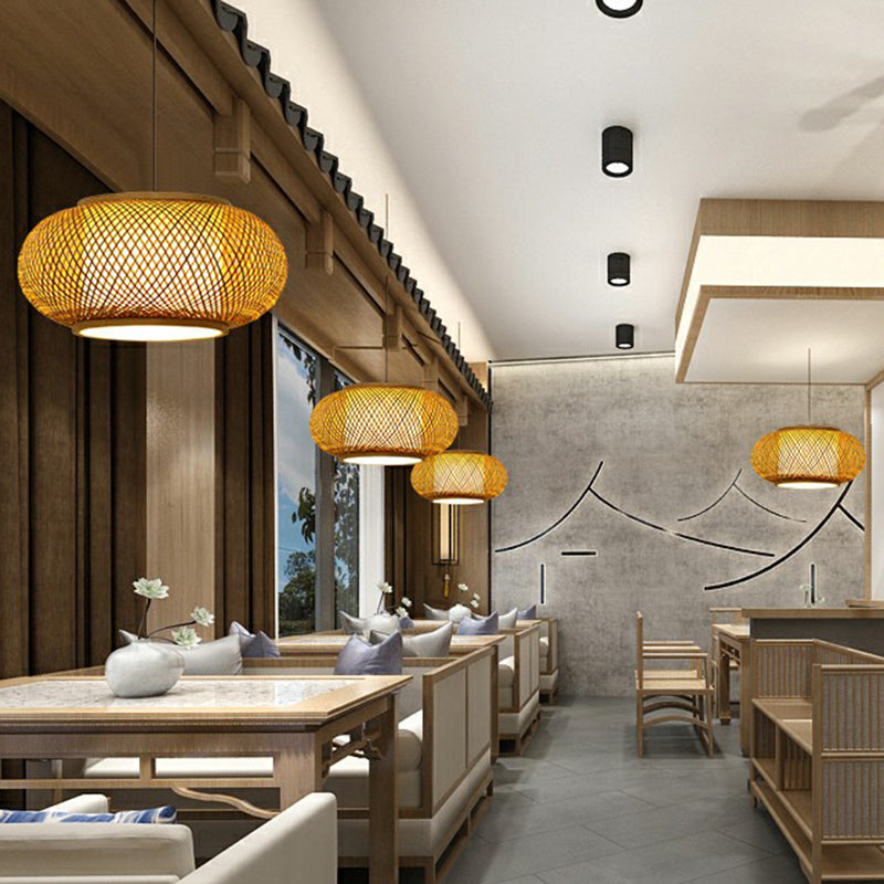 Round Ceiling Hanging Lantern Asian Bamboo 1-Light Beige Suspension Pendant Light