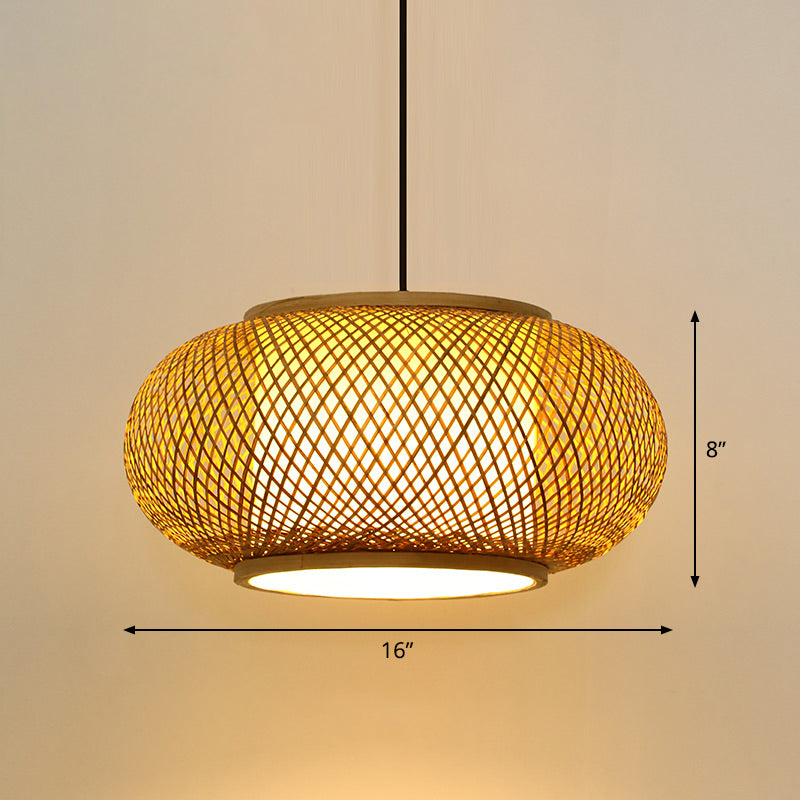 Round Ceiling Hanging Lantern Asian Bamboo 1-Light Beige Suspension Pendant Light