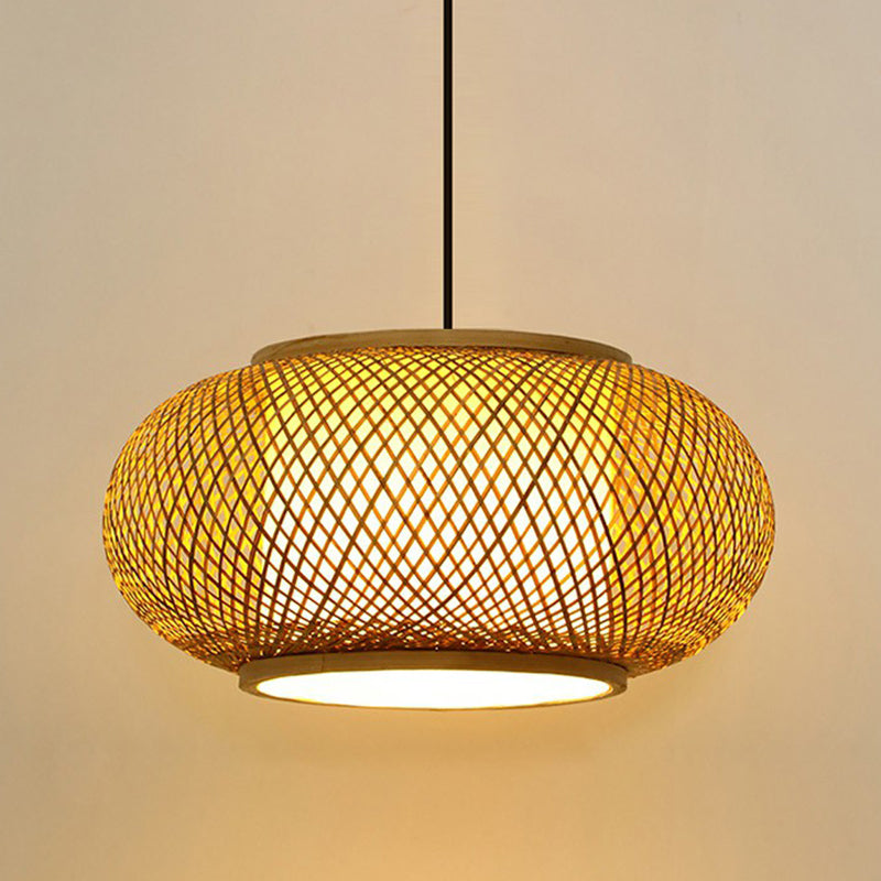 Round Ceiling Hanging Lantern Asian Bamboo 1-Light Beige Suspension Pendant Light