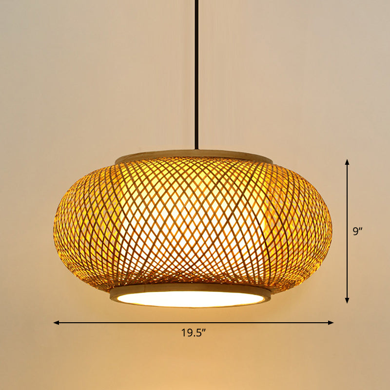 Round Ceiling Hanging Lantern Asian Bamboo 1-Light Beige Suspension Pendant Light