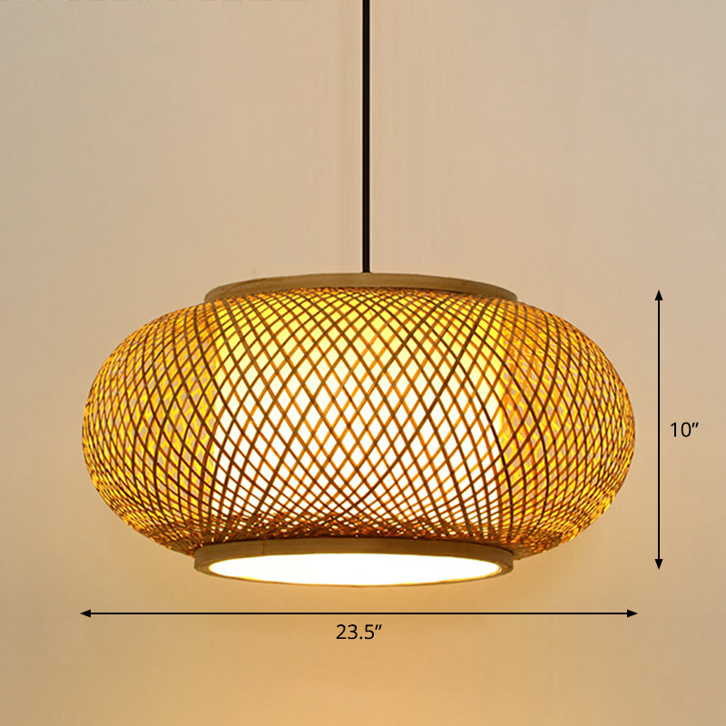 Round Ceiling Hanging Lantern Asian Bamboo 1-Light Beige Suspension Pendant Light