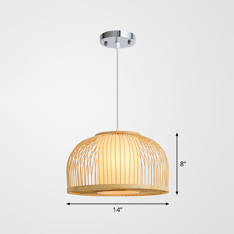 1 Bulb Restaurant Hanging Lighting Minimalist Wood Drop Pendant with Bowl Cage Bamboo Shade