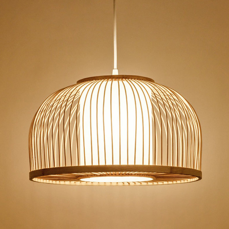 1 Bulb Restaurant Hanging Lighting Minimalist Wood Drop Pendant with Bowl Cage Bamboo Shade