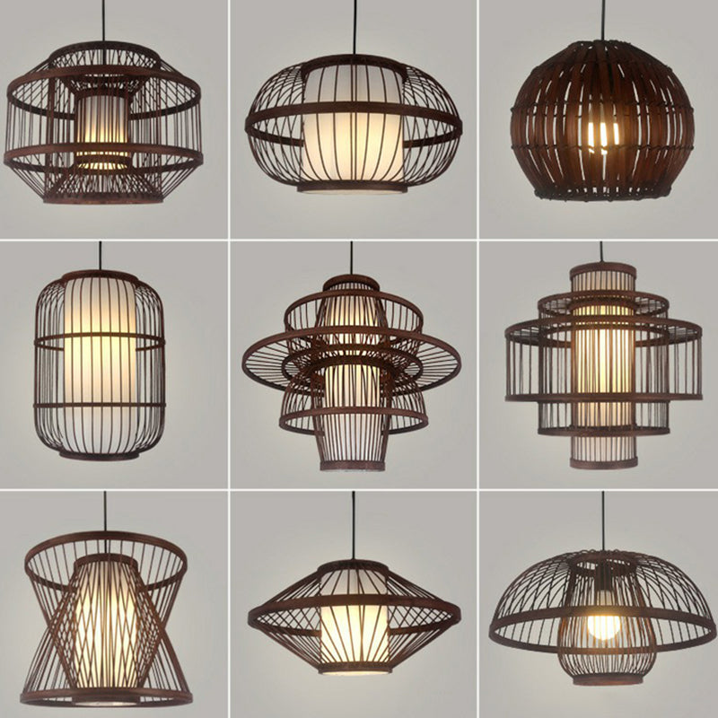 Coffee Finish Cage Hanging Lamp Contemporary Single-Bulb Bamboo Suspension Light