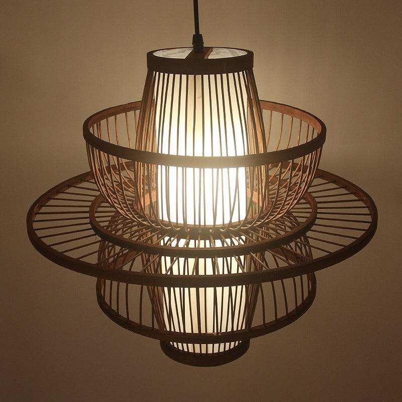 Coffee Finish Cage Hanging Lamp Contemporary Single-Bulb Bamboo Suspension Light