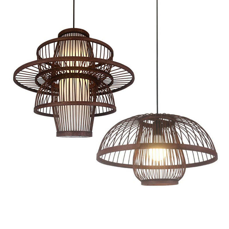Coffee Finish Cage Hanging Lamp Contemporary Single-Bulb Bamboo Suspension Light
