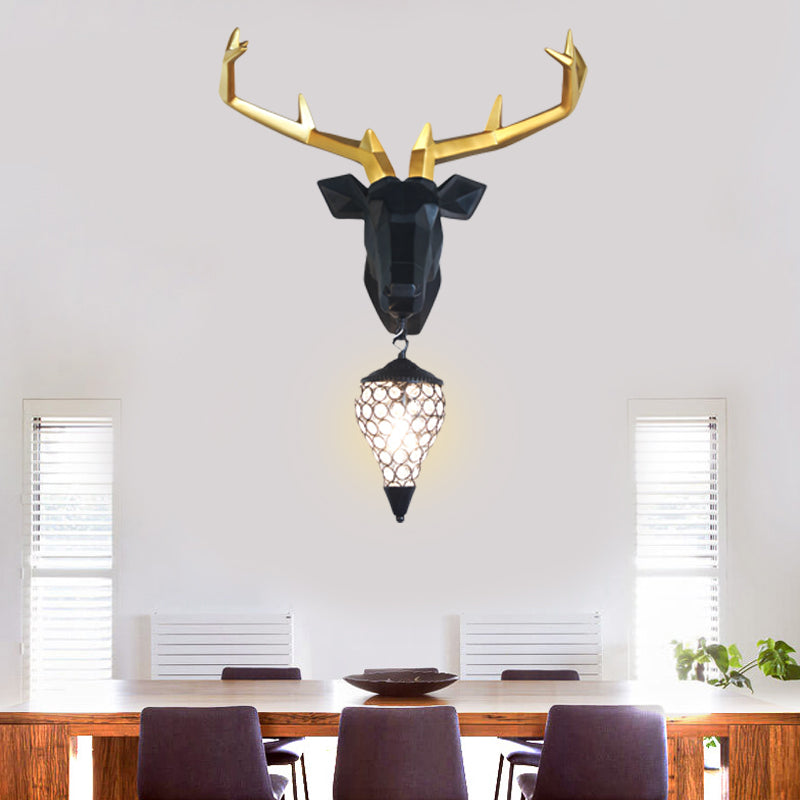 1 Light Wall Lamp Country Deer Resin Sconce Light Fixture in Black/Gold with Teardrop Crystal Shade
