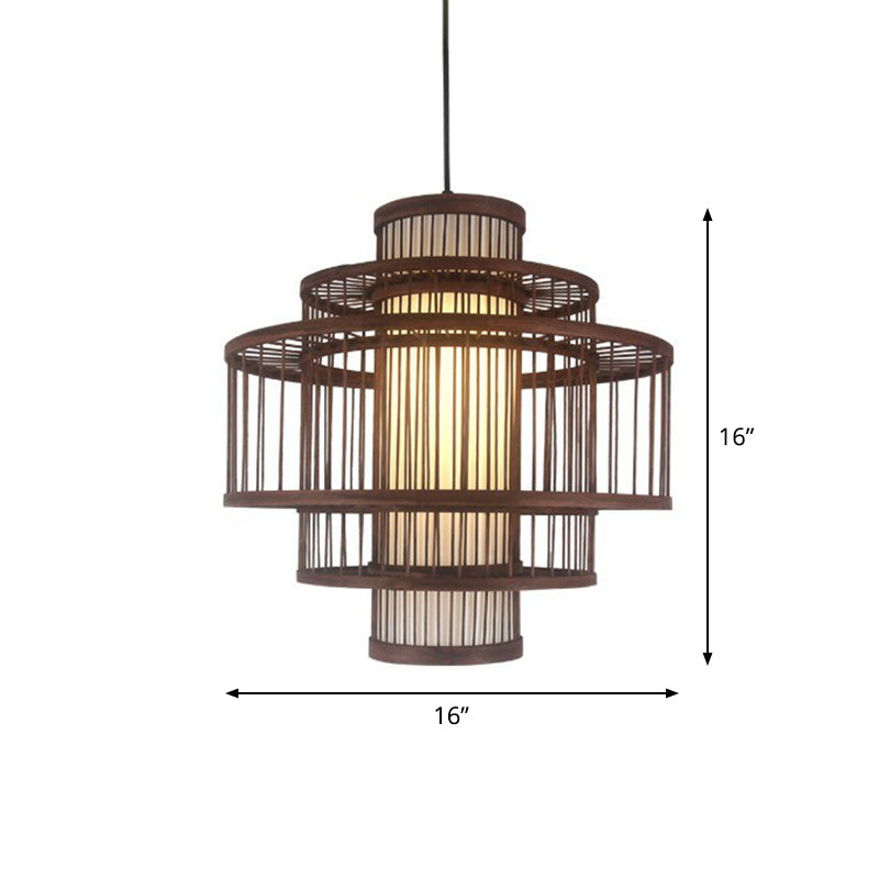 Coffee Finish Cage Hanging Lamp Contemporary Single-Bulb Bamboo Suspension Light