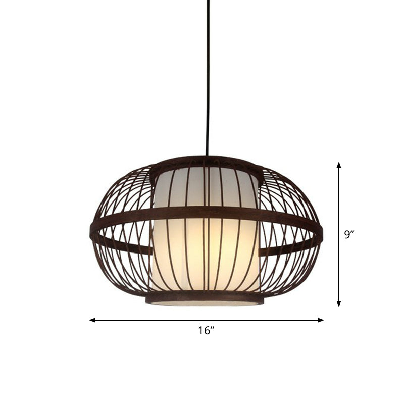 Coffee Finish Cage Hanging Lamp Contemporary Single-Bulb Bamboo Suspension Light