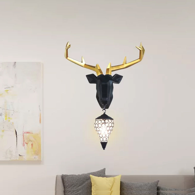 1 Light Wall Lamp Country Deer Resin Sconce Light Fixture in Black/Gold with Teardrop Crystal Shade