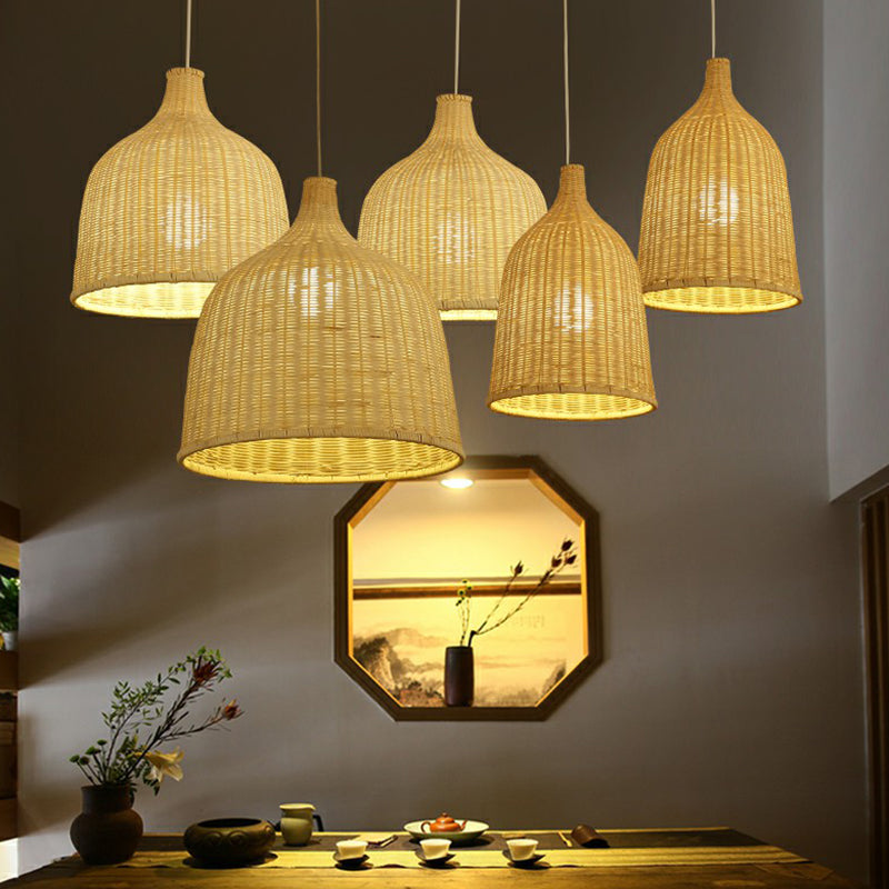 Asian Style Cloche Shaped Pendant Bamboo 1-Light Dining Room Hanging Light Fixture