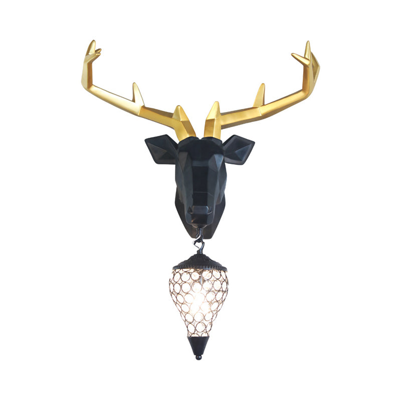 1 Light Wall Lamp Country Deer Resin Sconce Light Fixture in Black/Gold with Teardrop Crystal Shade