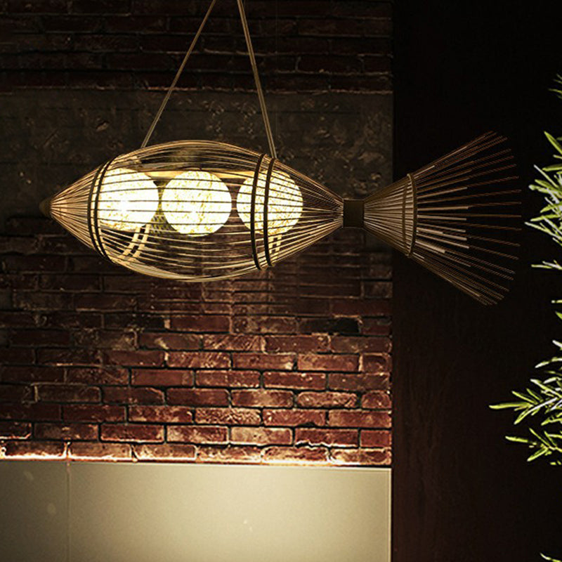 Bamboo Woven Fish Shaped Pendant Ceiling Light Asian 1-Bulb Beige Suspension Lighting for Restaurant