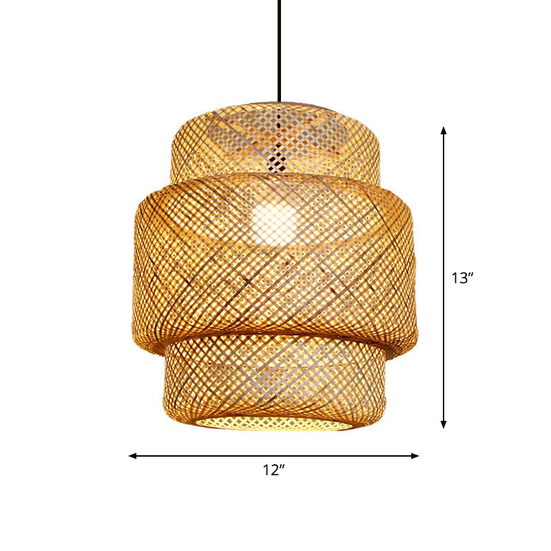 Lantern Ceiling Suspension Lamp Asia Bamboo 1-Light Beige Pendant Lighting for Corridor