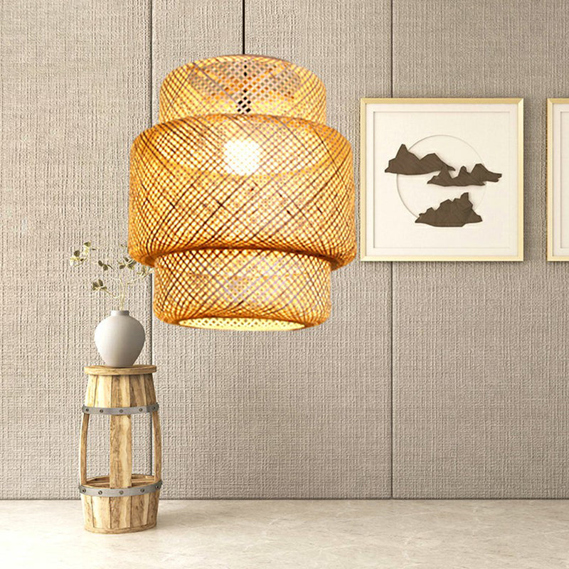 Lantern Ceiling Suspension Lamp Asia Bamboo 1-Light Beige Pendant Lighting for Corridor