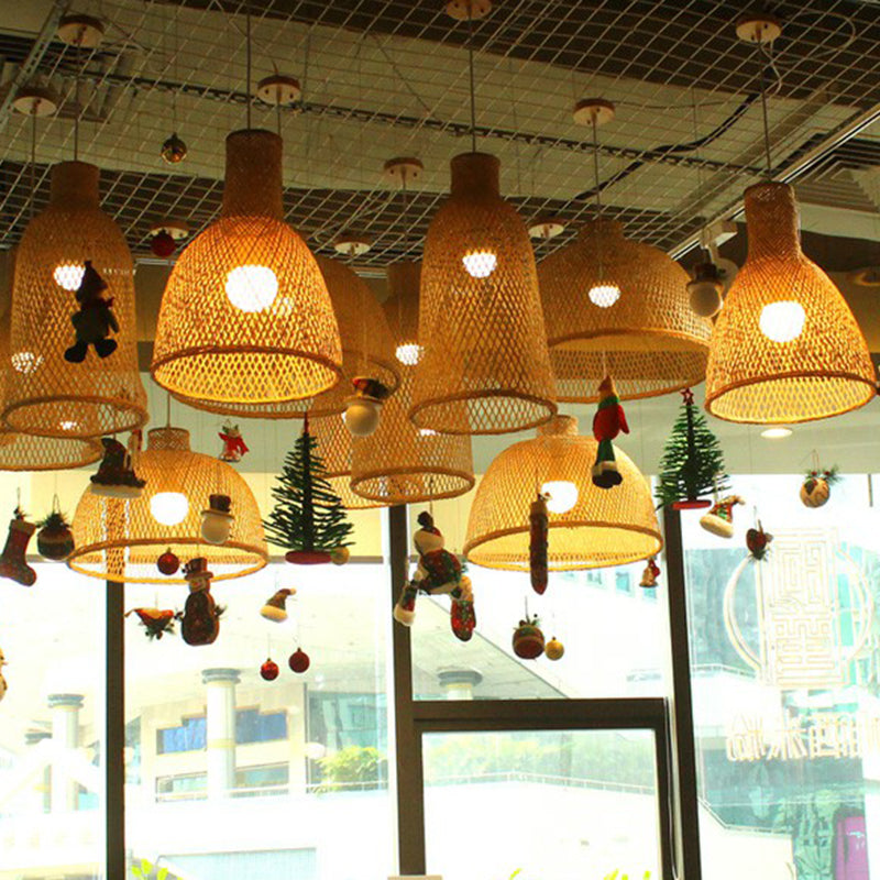 Woven Shade Suspension Light Minimalistic Bamboo 1-Head Beige Hanging Ceiling Light