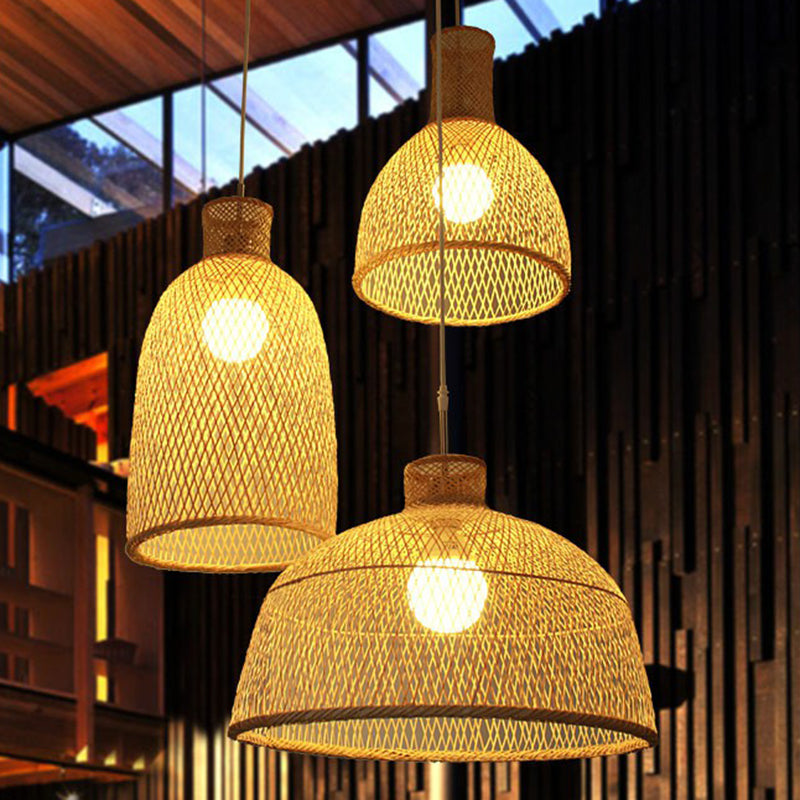 Woven Shade Suspension Light Minimalistic Bamboo 1-Head Beige Hanging Ceiling Light