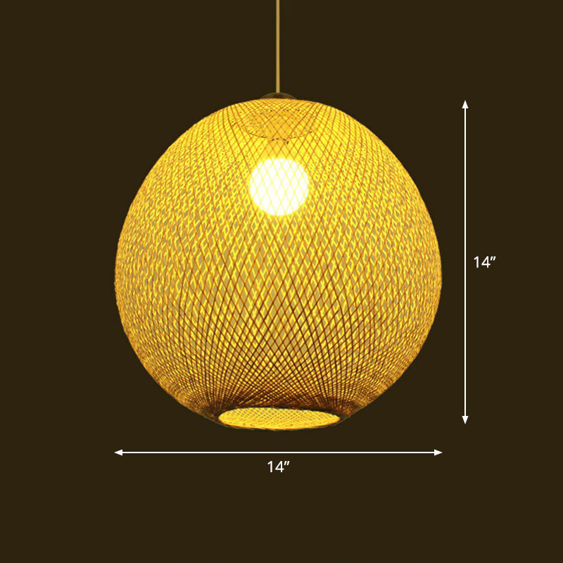 Woven Shade Suspension Light Minimalistic Bamboo 1-Head Beige Hanging Ceiling Light