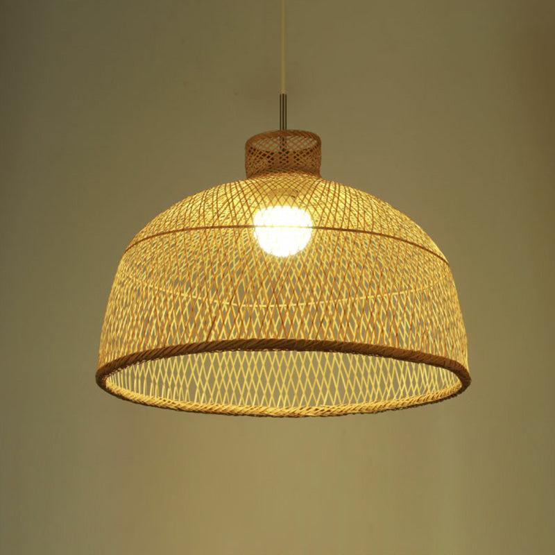 Woven Shade Suspension Light Minimalistic Bamboo 1-Head Beige Hanging Ceiling Light