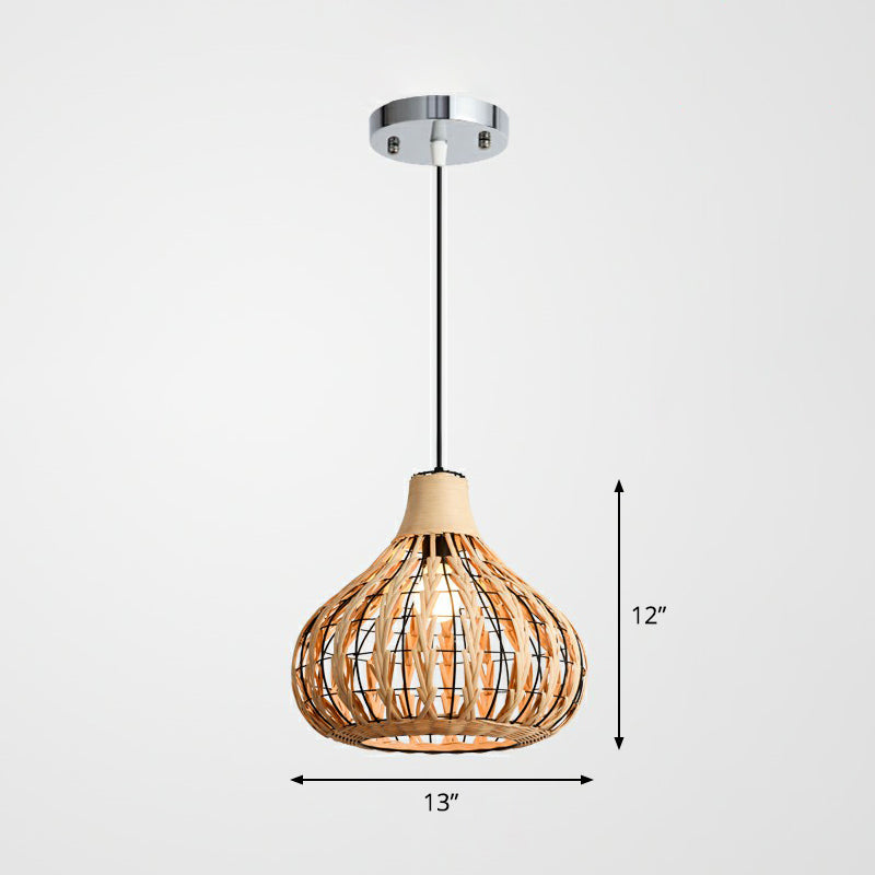 Pear Shaped Suspended Lighting Fixture Rustic Bamboo Single Restaurant Pendant Light in Wood